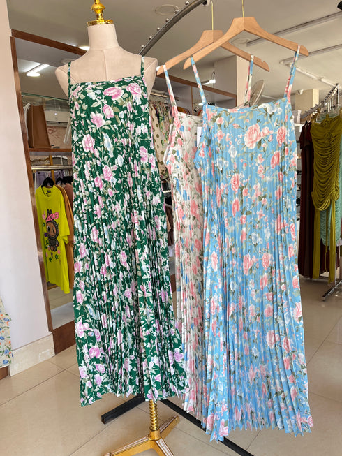 Floral Print Pleated Spaghetti Straps Long Dress